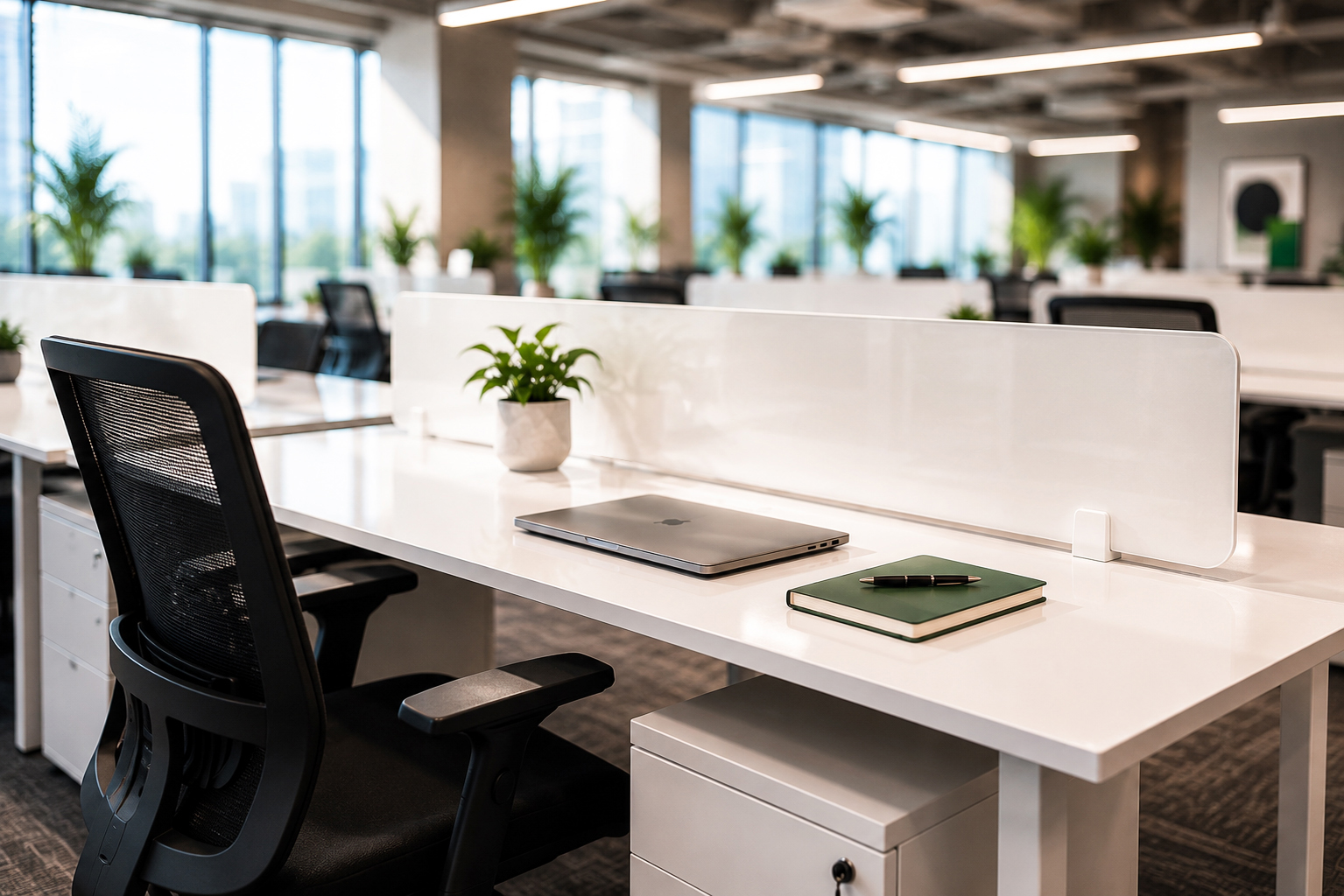 Open office workstation with a white desk, privacy divider and ergonomic chair